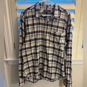 Michael Stars Navy Cream Plaid Cotton Flannel Shirt Quiet Luxury Sz Large